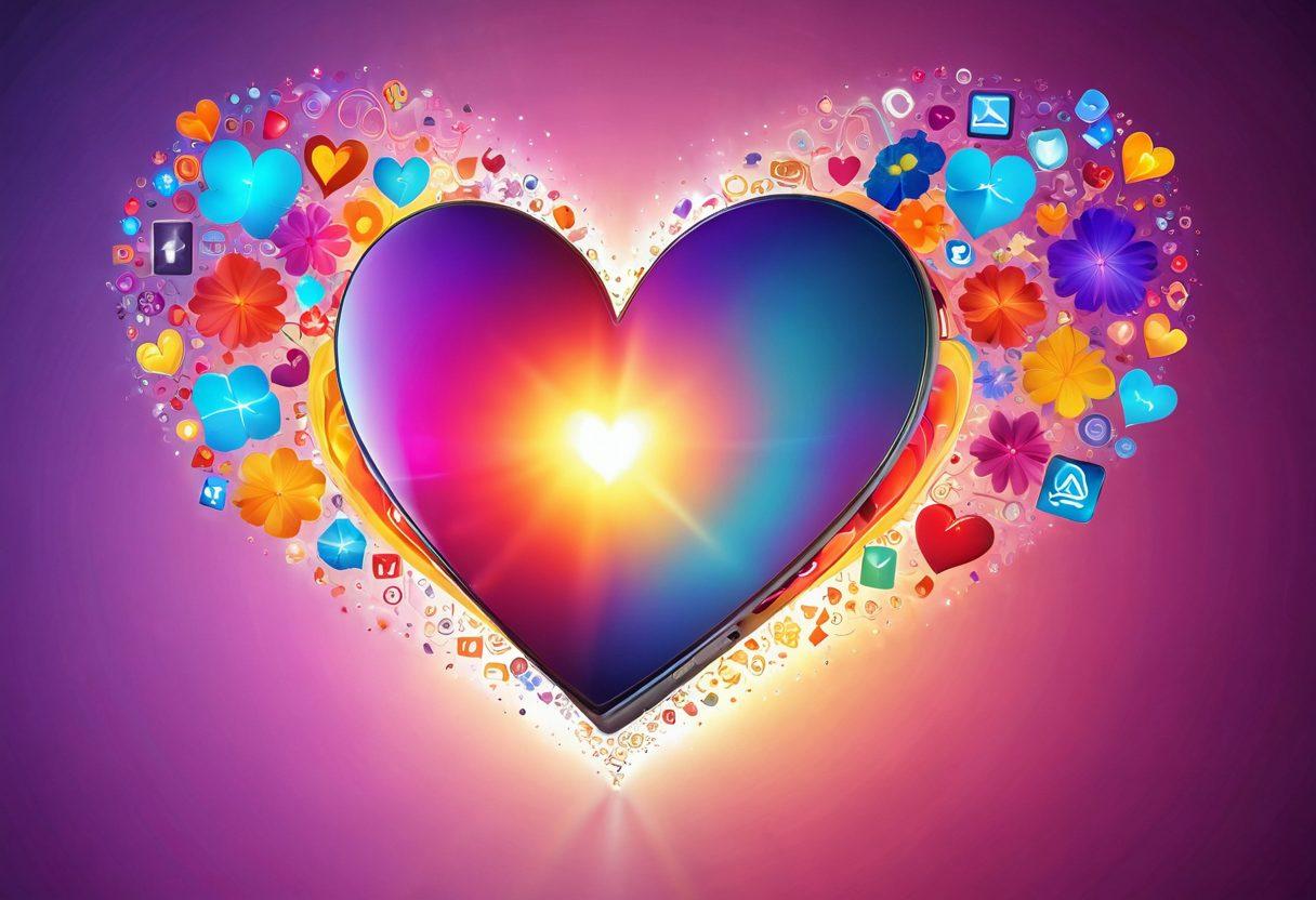 A heart made of colorful mobile devices surrounding a glowing smartphone, symbolizing connection and devotion. Rays of light emanating from the devices to depict warmth and affection, with subtle floral patterns in the background. The overall atmosphere should feel nurturing and inviting, highlighting the theme of fondness through technology. vibrant colors. super-realistic. soft focus.