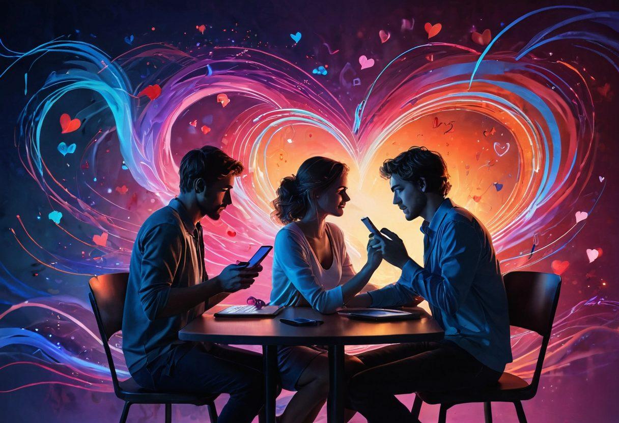 A romantic scene showcasing a couple interacting through their devices, with vibrant waves of wireless signals swirling around them, representing connection. In the background, silhouettes of hearts and digital elements hover, symbolizing passion and technology intertwining. Soft warm lighting enhances the intimate atmosphere, while hints of blue digital motifs suggest wireless connectivity. painting. vibrant colors. soft lighting.