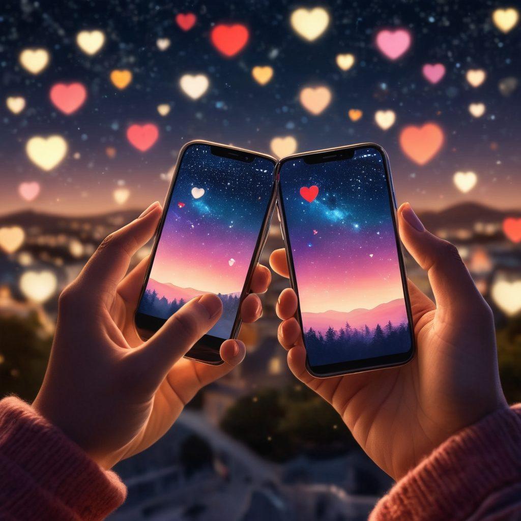 A tender scene of a couple exchanging heartfelt messages on their smartphones, surrounded by heart-shaped icons and glowing digital motifs that symbolize love and connection. Soft, warm lighting enhances the romantic atmosphere while a backdrop of a starry night sky adds a dreamy effect. A close-up on their hands, gently touching, illustrates intimacy. vibrant colors. super-realistic.